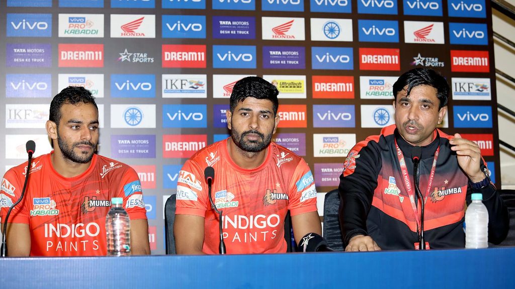 U Mumba raiders Abhishek Singh and Rohit Baliyan along with assistant coach Upendra Singh.