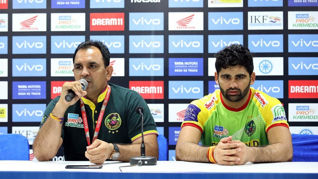 Patna Pirates’ coach Ram Mehar Singh and skipper Pardeep Narwal.