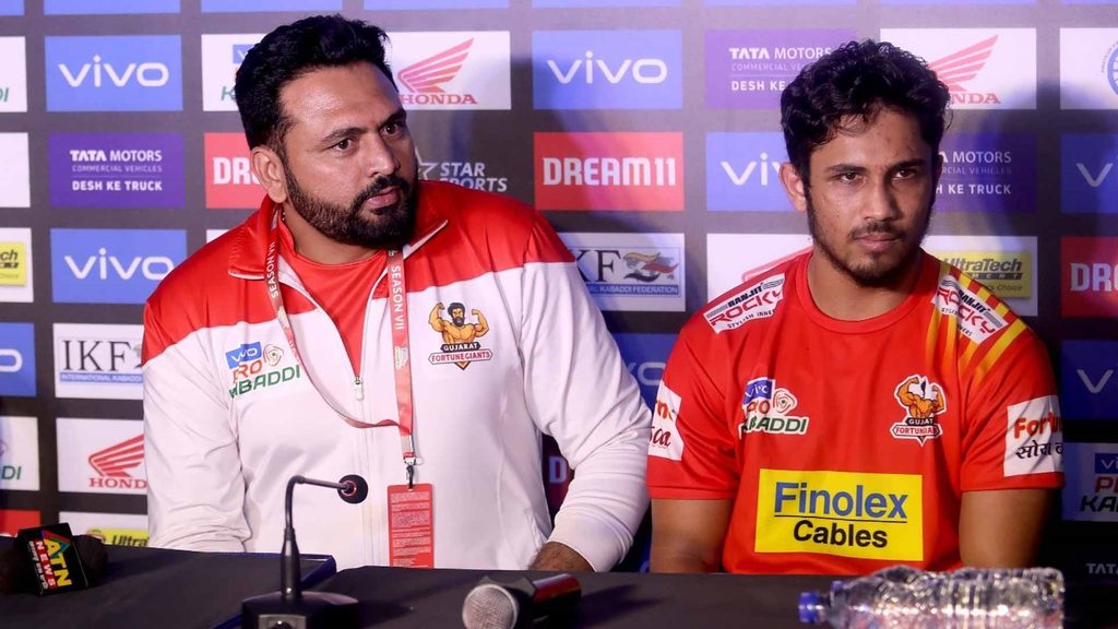 Gujarat Fortunegiants’ coach Manpreet Singh and Sunil Kumar at the post-match press conference.