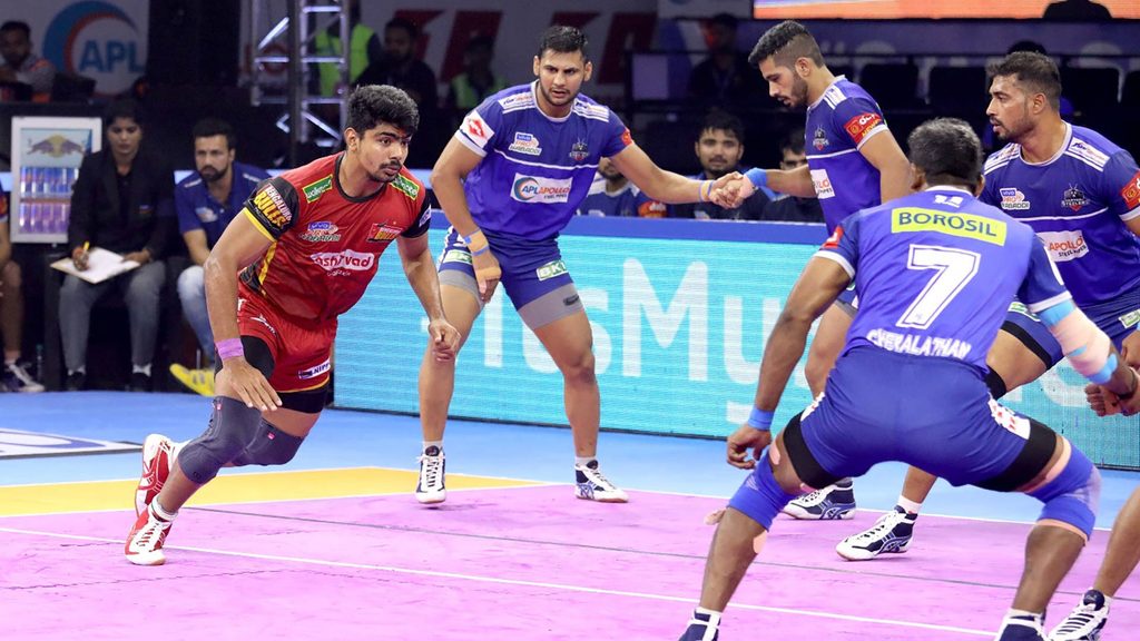 Pawan Sehrawat scored, a league record, 39 raid points against Haryana Steelers.