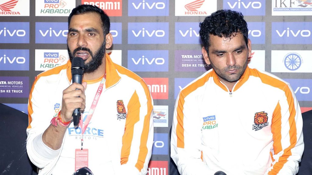 Puneri Paltan coach Anup Kumar and skipper Surjeet Singh at the post-match press conference.