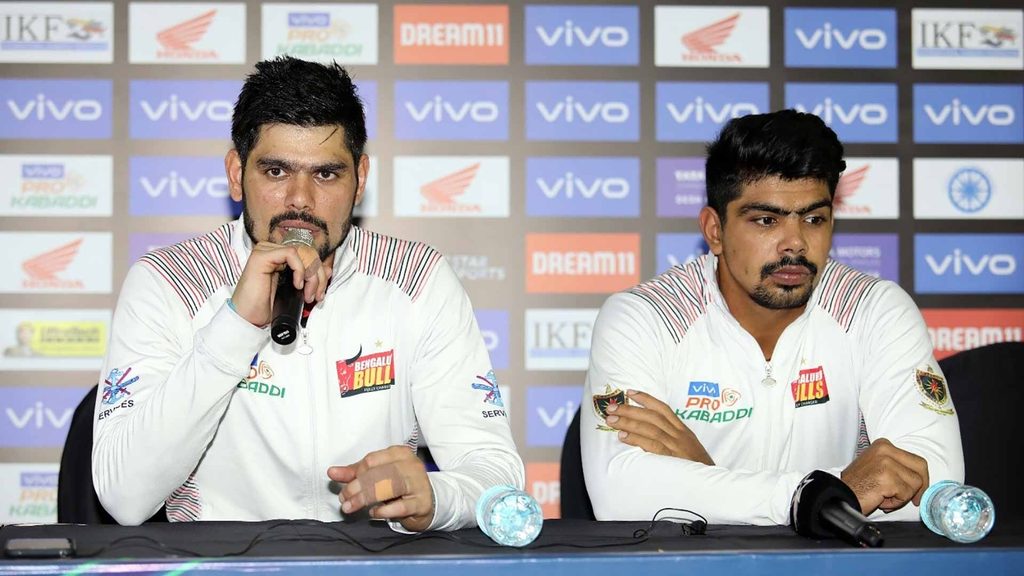Bengaluru Bulls captain Rohit Kumar and raider Pawan Sehrawat at the post-match press conference.