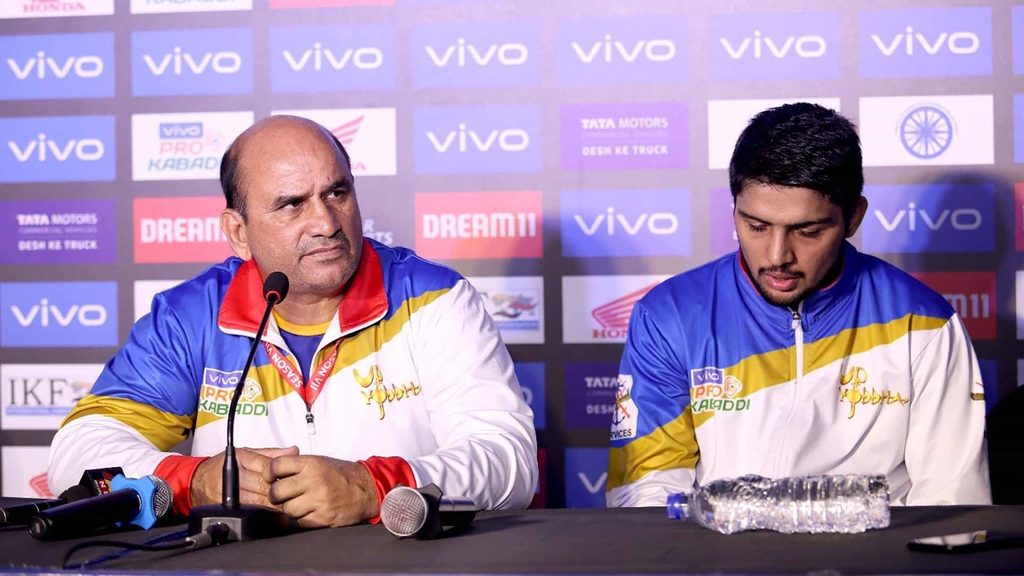 U.P. Yoddha’s assistant coach Arjun Singh and captain Nitesh Kumar at the post-match press conference.