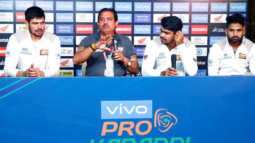 Rohit Kumar, Randhir Singh, Pawan Sehrawat and Mahender Singh at the post-match press conference for Bengaluru Bulls.