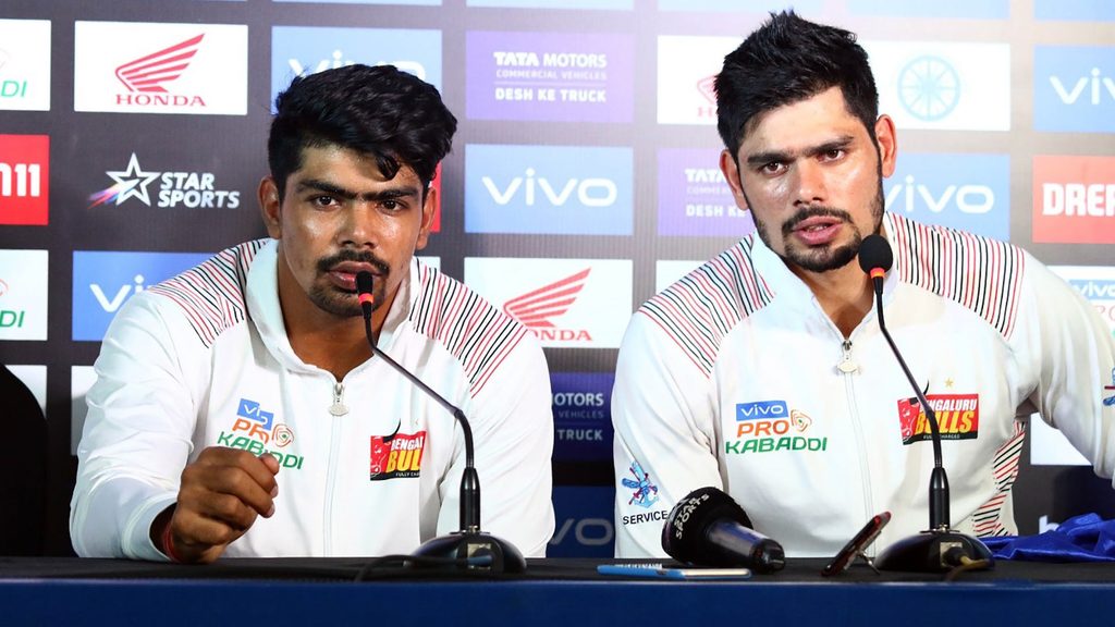 Bengaluru Bulls’ skipper Rohit Kumar and Pawan Sehrawat at the post-match press conference.