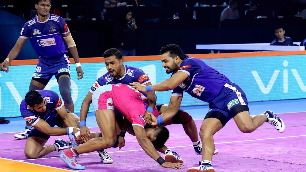 Haryana Steelers players in action during their match against Jaipur Pink Panthers.