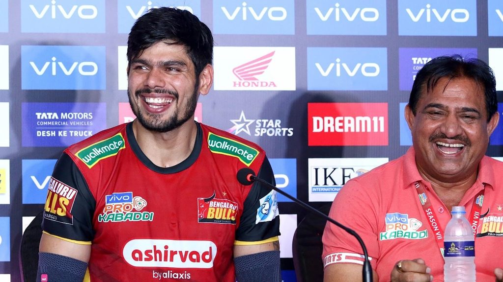 Bengaluru Bulls skipper Rohit Kumar and coach Randhir Singh Sehrawat at the post-match press conference.