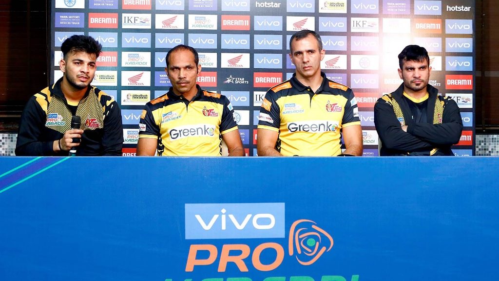 Telugu Titans’ Vishal Bhardwaj, assistant coach Jagdish Kumble, coach Gholamreza Mazandarani and skipper Abozar Mohajermighani at the post-match press conference.
