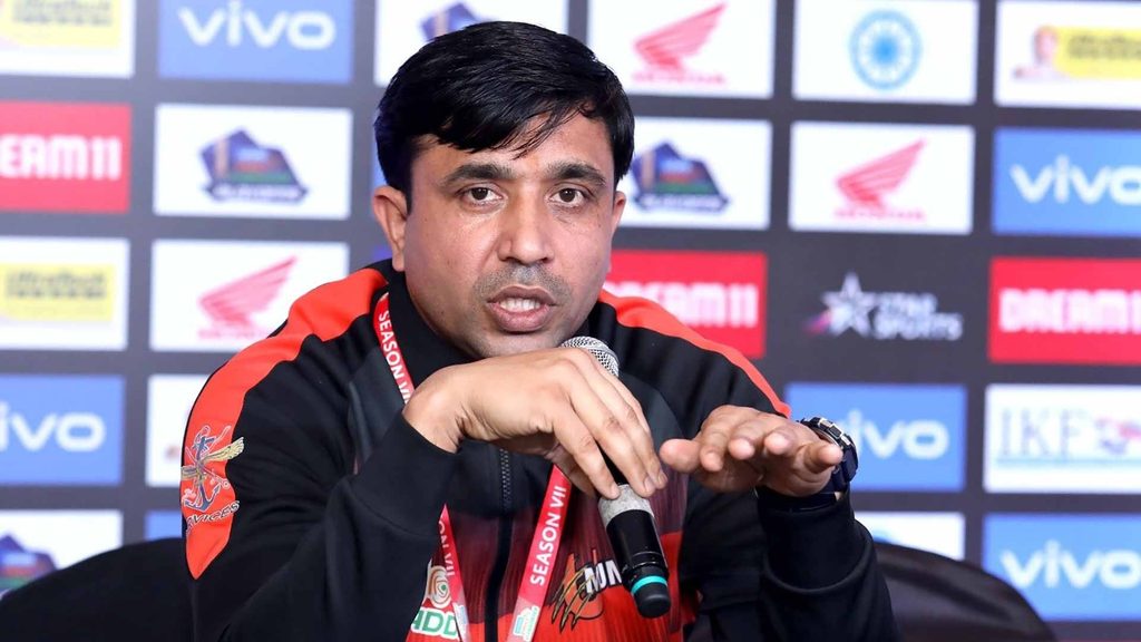 U Mumba’s assistant coach Upendra Kumar answer reporters.