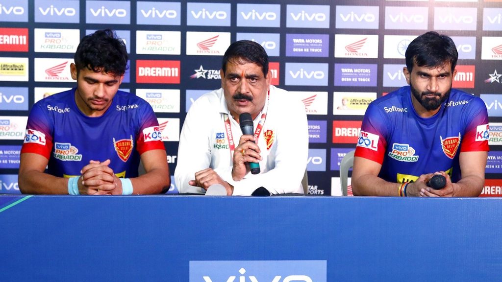 Dabang Delhi K.C.’s raider Naveen Kumar, coach Krishan Kumar Hooda and skipper Joginder Narwal at the post-match press conference.