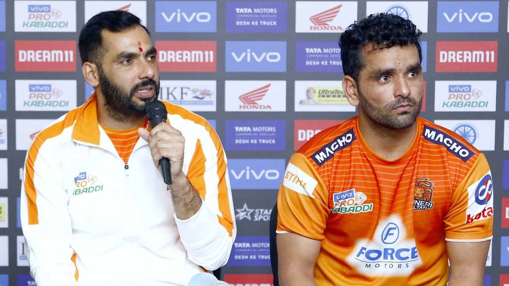 Puneri Paltan coach Anup Kumar and captain Surjeet Singh in the post-match press conference.