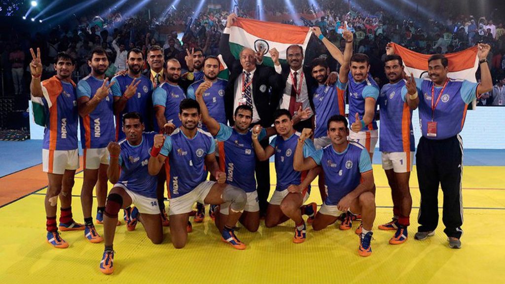 The triumphant Indian national kabaddi team at the 2016 Kabaddi World Cup.