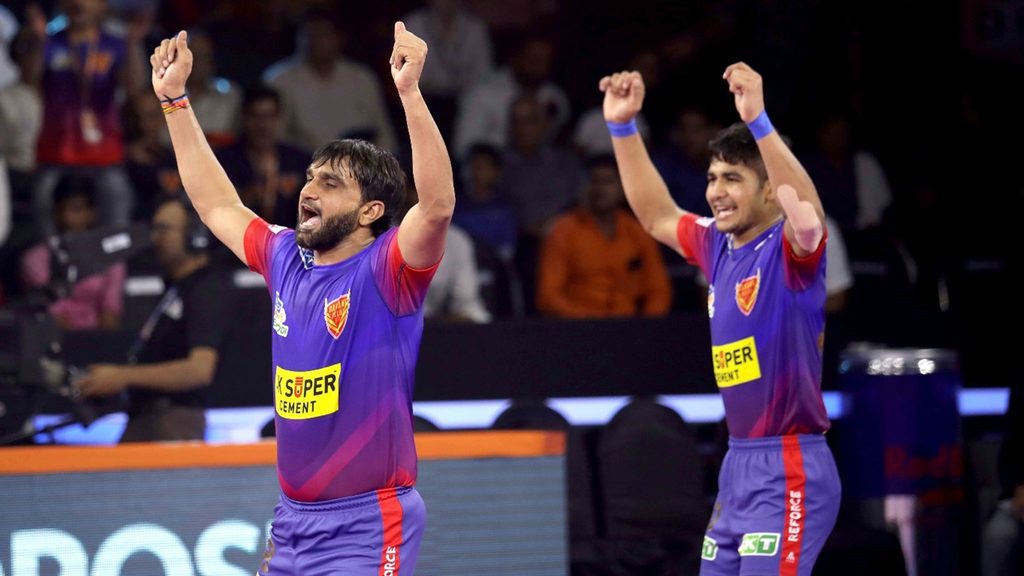 Joginder Singh Nawal and Naveen Kumar celebrate in Pro Kabaddi Season 7.
