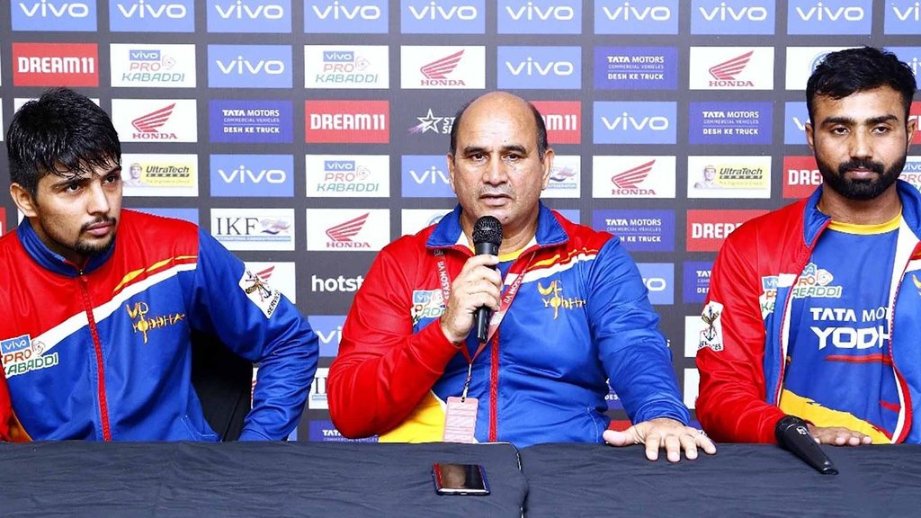 U.P. Yoddha captain Nitesh Kumar, assistant coach Arjun Singh and Monu Goyat at the post-match press conference.