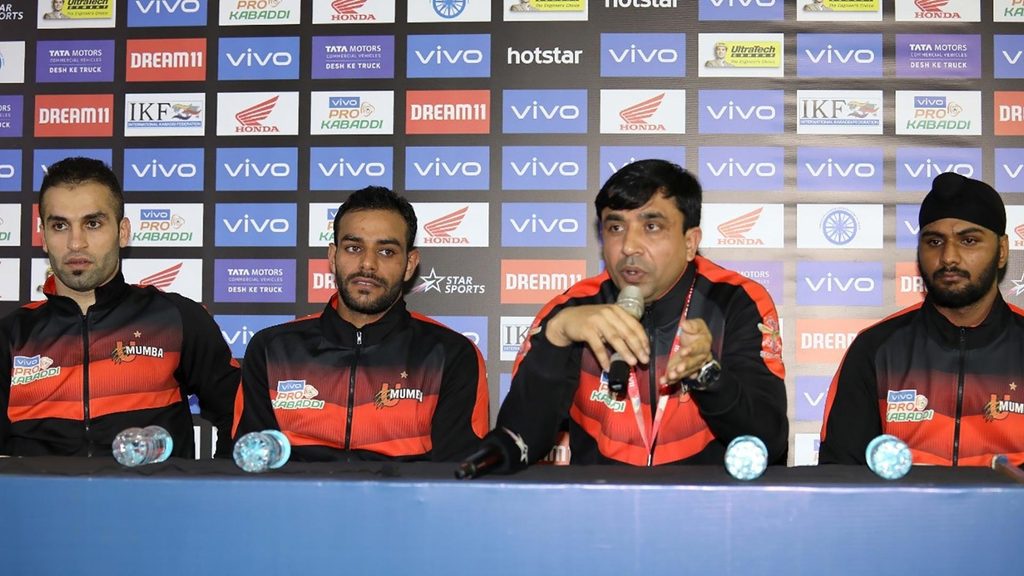 U Mumba skipper Fazel Atrachali, raider Abhishek Singh, coach Upendra Kumar and defender Surinder Singh at the press conference.