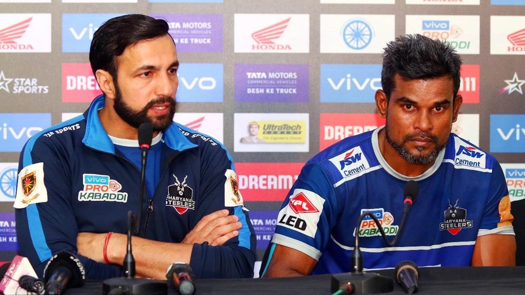 Rakesh Kumar and Dharmaraj Cheralathan addressing the media after Match 25.