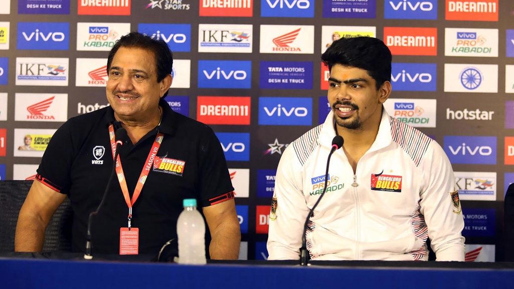 Bengaluru Bulls’ coach Randhir Singh and captain Pawan Sehrawat at the post-match press conference.