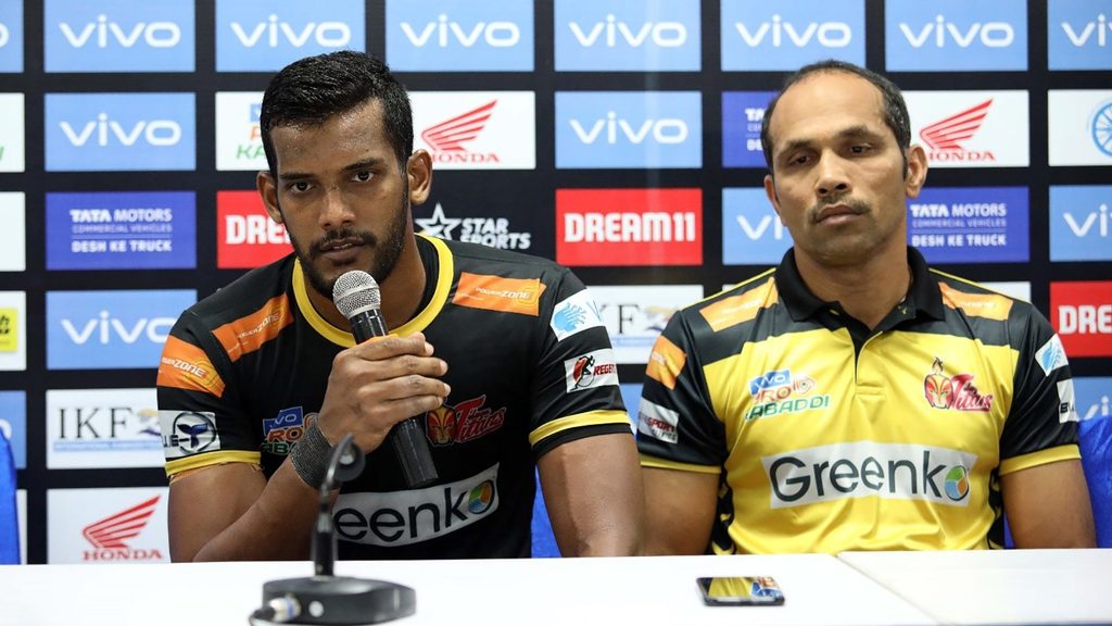 Telugu Titans raider Siddharth Desai and assistant coach Jagdish Kumble at the post-match press conference.