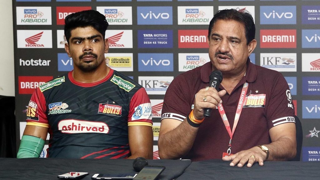 (L-R) Pawan Kumar Sehrawat and Randhir Singh Sehrawat at the post-match press conference.