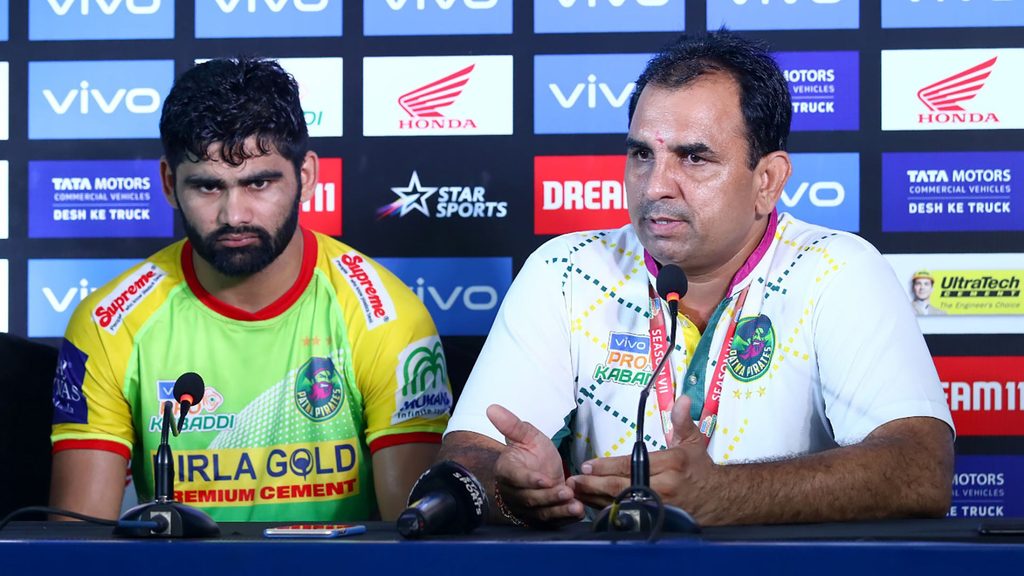 Patna Pirates coach Ram Mehar Singh and Pardeep Narwal at the post-match press conference.