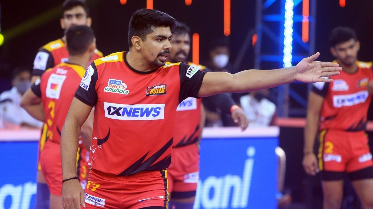 Pawan Sehrawat of Bengaluru Bulls points towards a point against Dabang Delhi K.C. in match 50 of VIVO Pro Kabaddi League Season 8