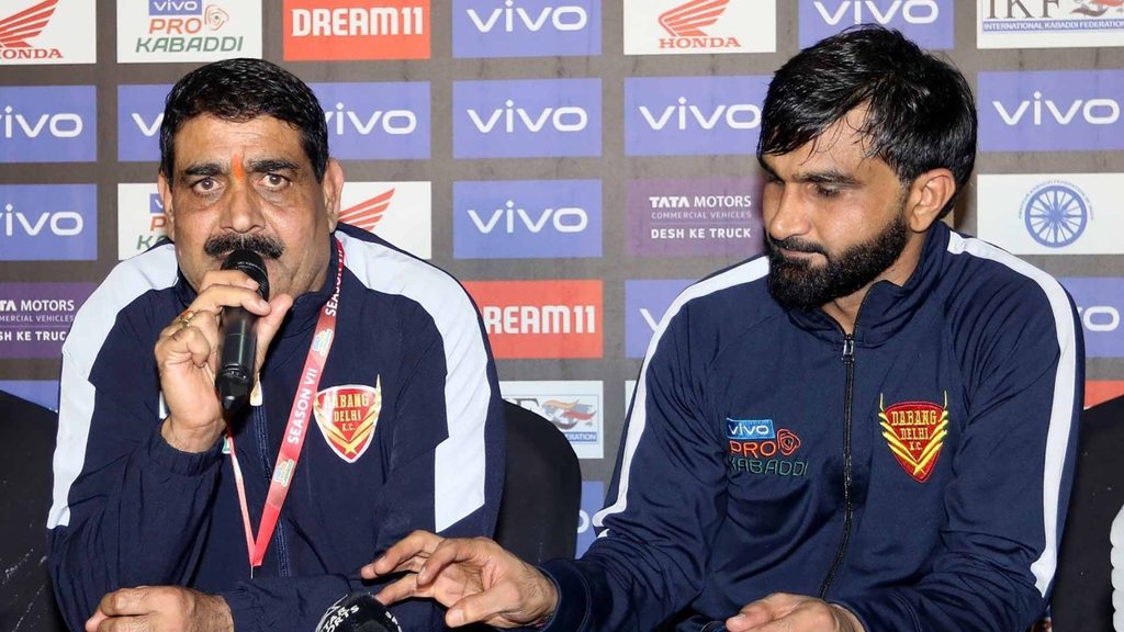 Dabang Delhi K.C. coach Krishan Kumar Hooda and skipper Joginder Narwal at the post-match press conference.