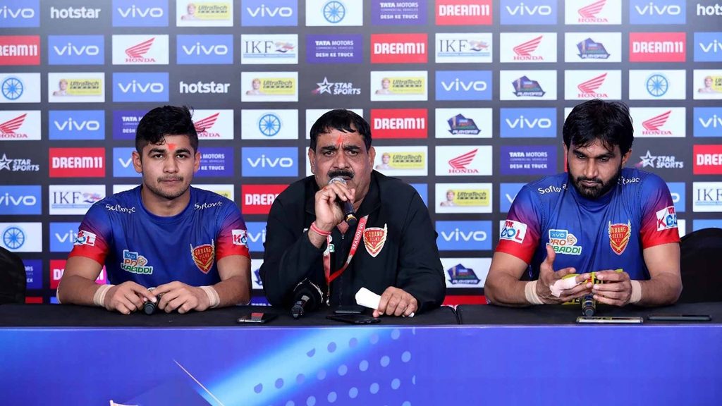 Dabang Delhi K.C.'s Naveen Kumae, Krishan Kumar Hooda and Joginder Singh Narwal at the post-match press conference.