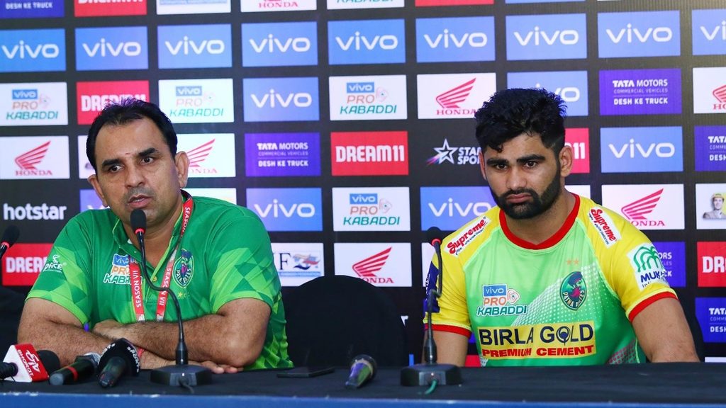Patna Pirates coach Ram Mehar Singh and captain Pardeep Narwal in the post-match press conference