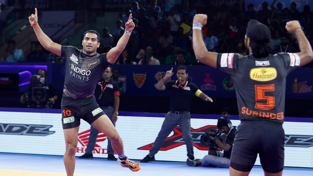 Sandeep Narwal celebrates after scoring a point for U Mumba against Tamil Thalaivas. 