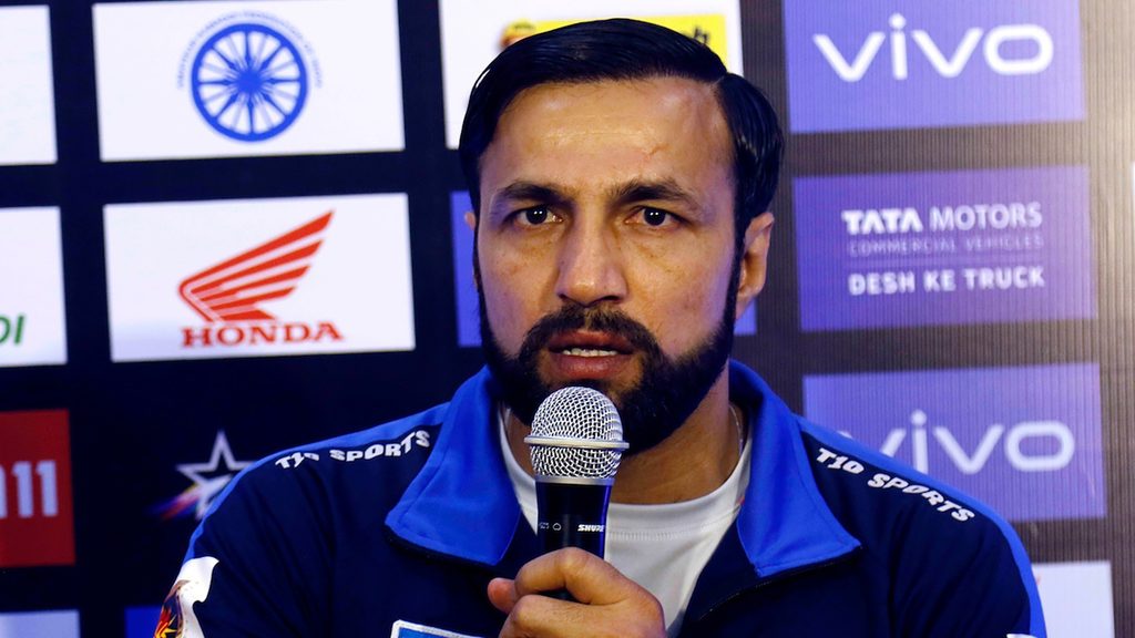 Haryana Steelers coach Rakesh Kumar at the post-match press conference