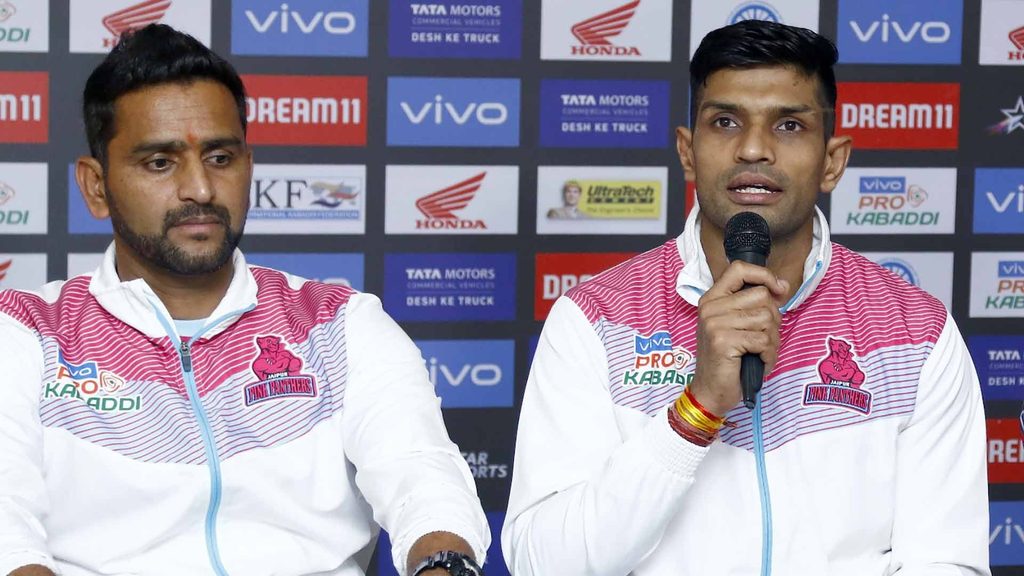 Jaipur Pink Panthers coach Srinivas Reddy and captain Deepak Hooda in the post-match press conference.