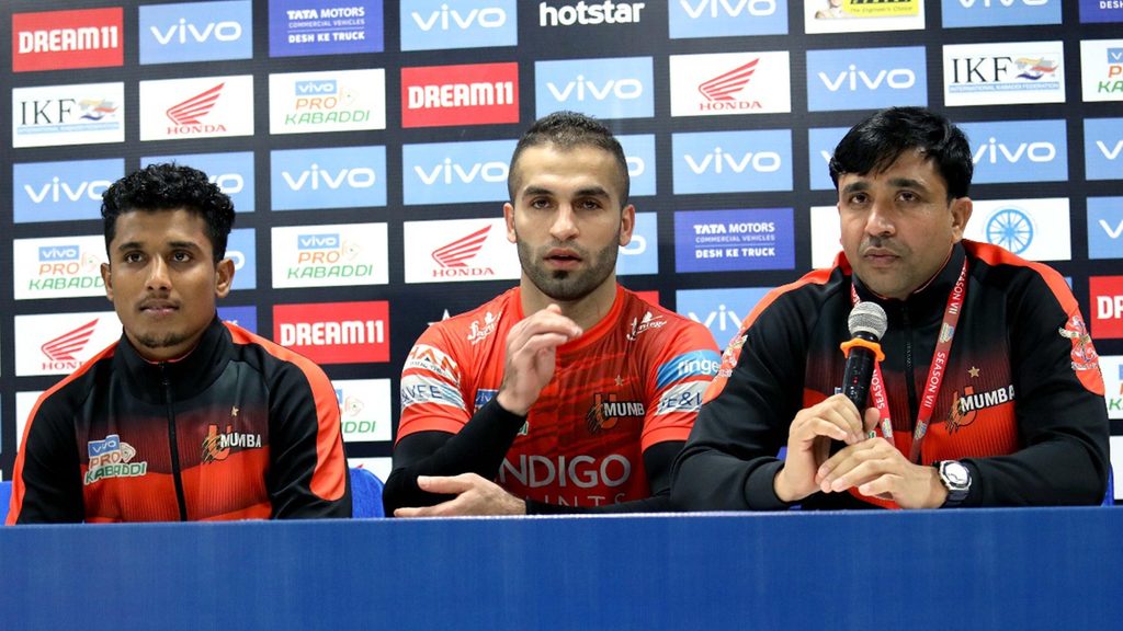 U Mumba raider Ajinkya Kapre, captain Fazel Atrachali and assistant coach Upendra Kumar at the post-match press conference.