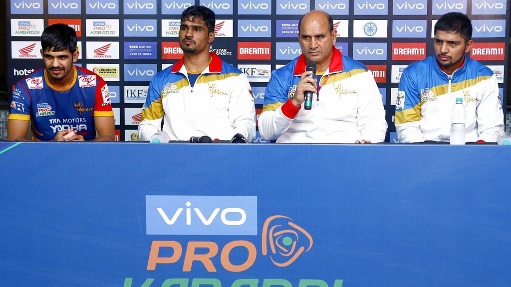 U.P. Yoddha's Sumit, Shrikant Jadhav, Arjun Singh and Nitesh Kumar in the post-match press conference.