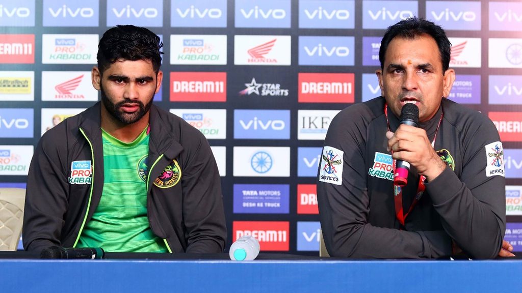 Pardeep Narwal and Ram Mehar Singh taking questions from the media.