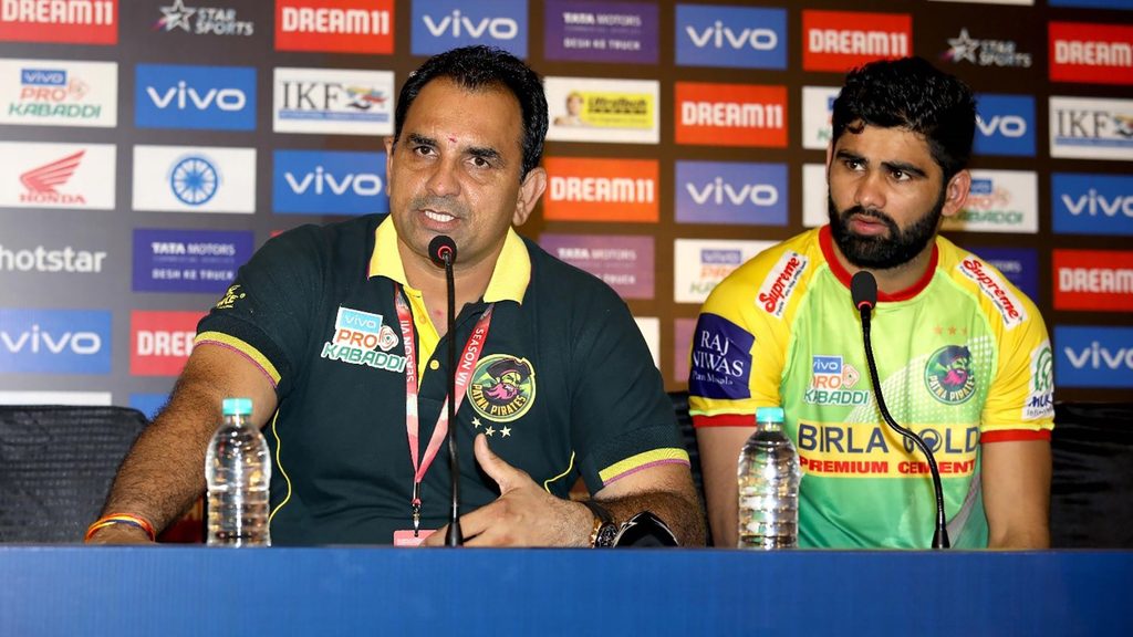 Patna Pirates coach Ram Mehar Singh and captain Pardeep Narwal at the post-match press conference.