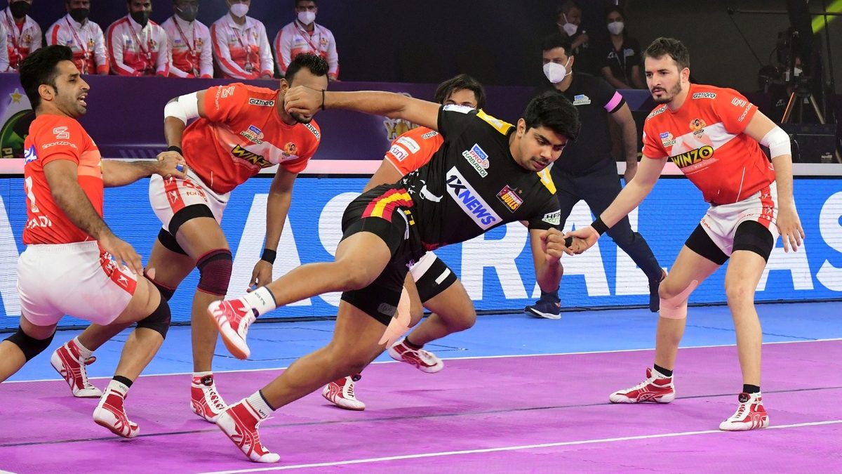 Bengaluru Bulls' Pawan Sehrawat attempts a kick against Gujarat Giants in Eliminator 2 of VIVO Pro Kabaddi League Season 8