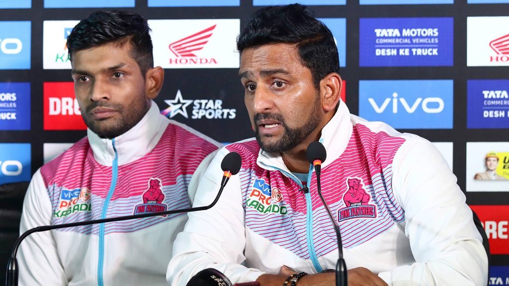 Jaipur Pink Panthers skipper Deepak Niwas Hooda and coach Srinivas Reddy in the post-match press conference.