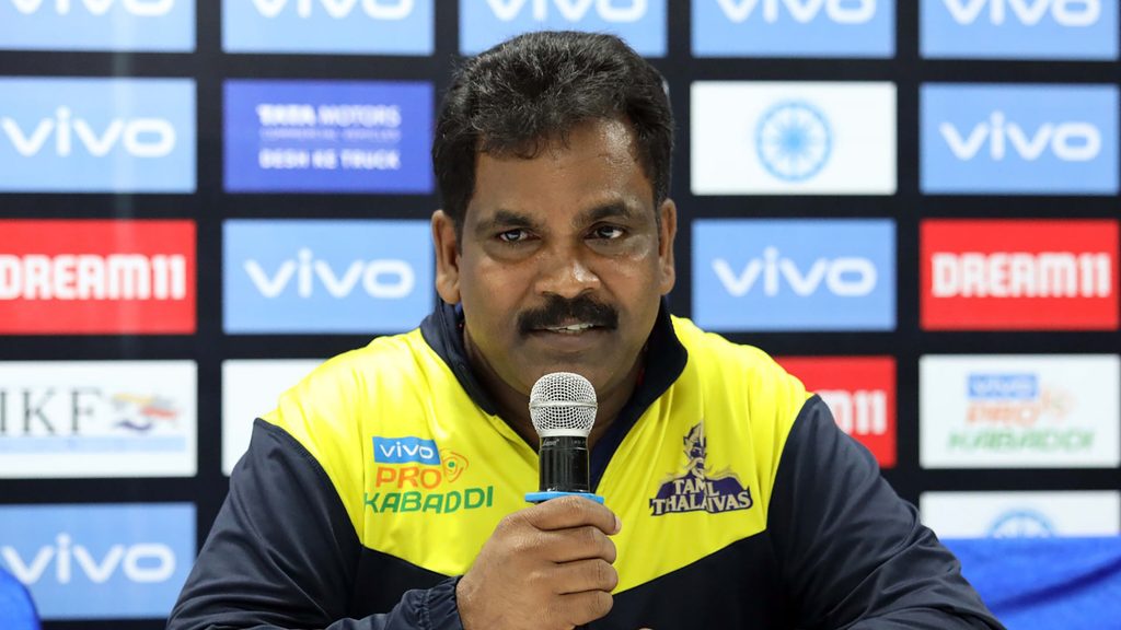 Tamil Thalaivas coach J Udaya Kumar at the post-match press conference.