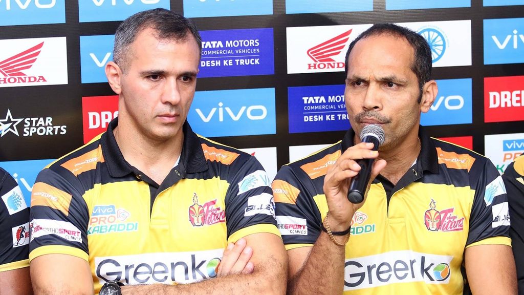 Telugu Titans coach Gholamreza Mazandarani and assistant coach Jagdish Kumble.