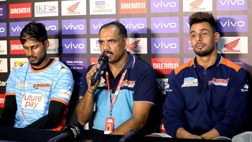 Bengal Warriors’ K. Prapanjan, coach BC Ramesh and captain Maninder Singh at the post-match press conference.
