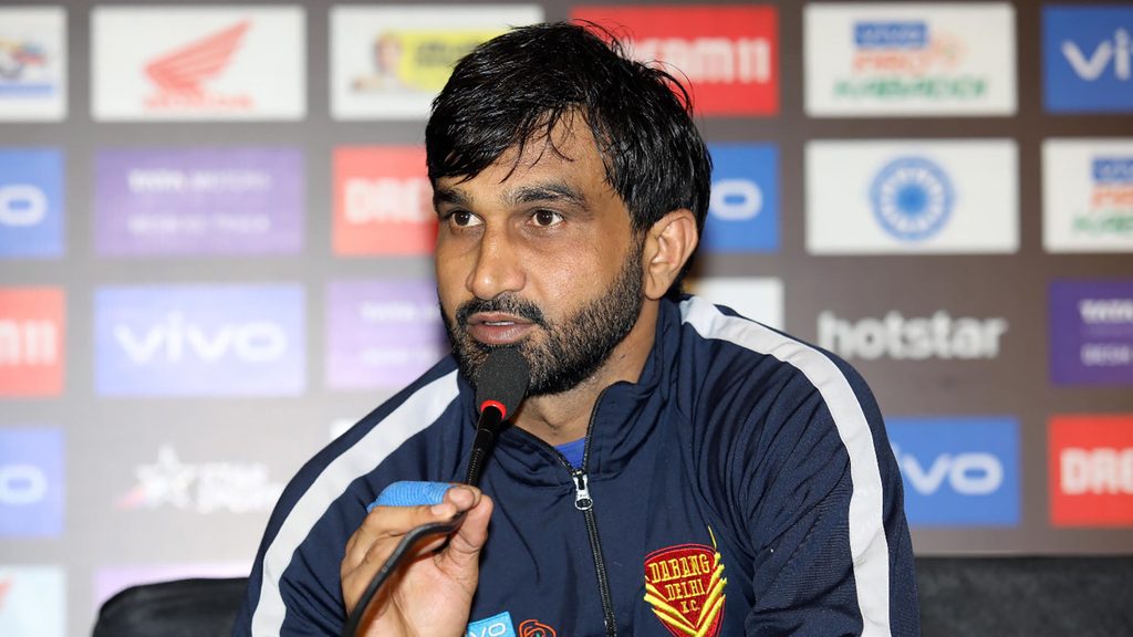 Dabang Delhi K.C. captain Joginder Singh Narwal at the post-match press conference.