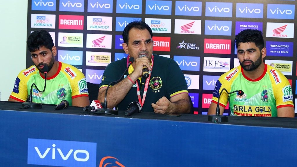 (L-R) Patna Pirates’ Neeraj Kumar, Ram Mehar Singh and Pardeep in the post-match press conference.