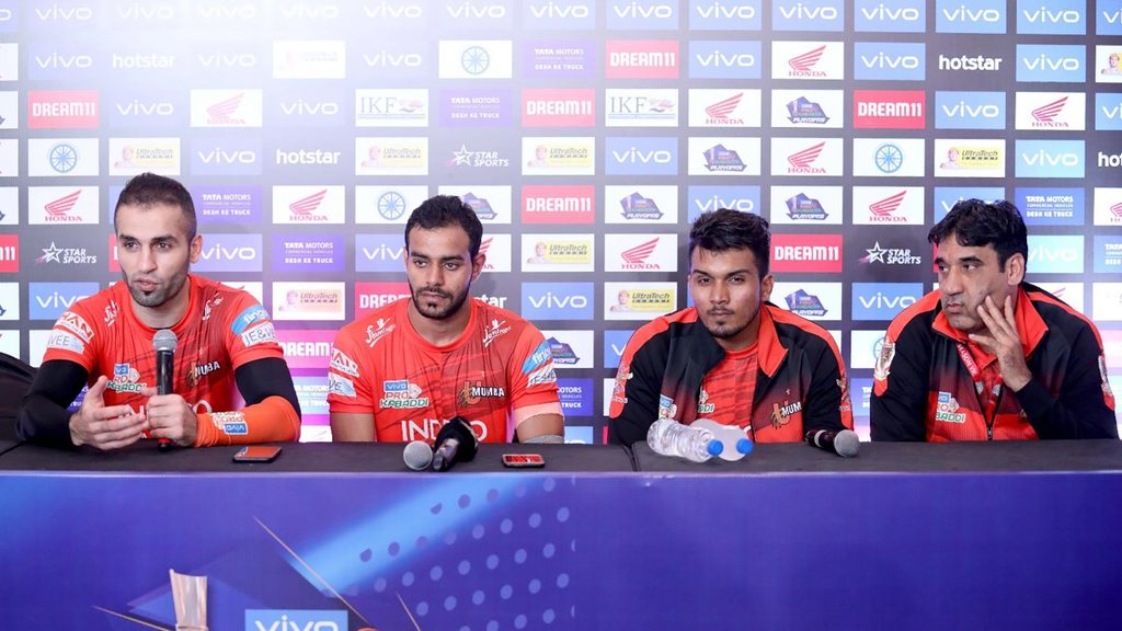 U Mumba skipper Fazel Atrachali, Abhishek Singh, Arjun Deshwal and coach Sanjeev Kumar answer reporters. 