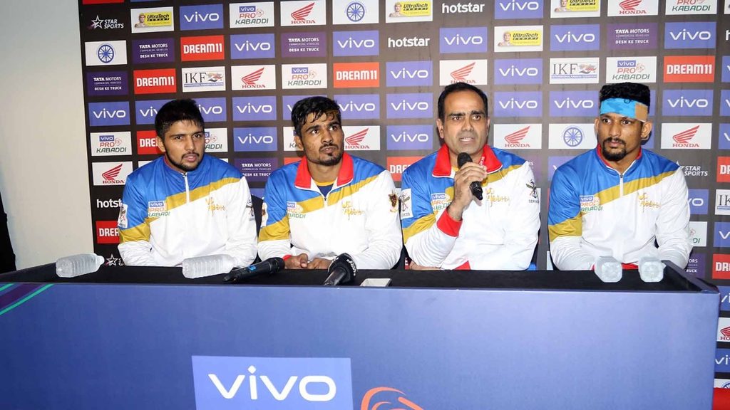 U.P. Yoddha’s captain Nitesh Kumar, Shrikant Jadhav, coach Jasveer Singh and Rishank Devadiga at the post-match press conference.