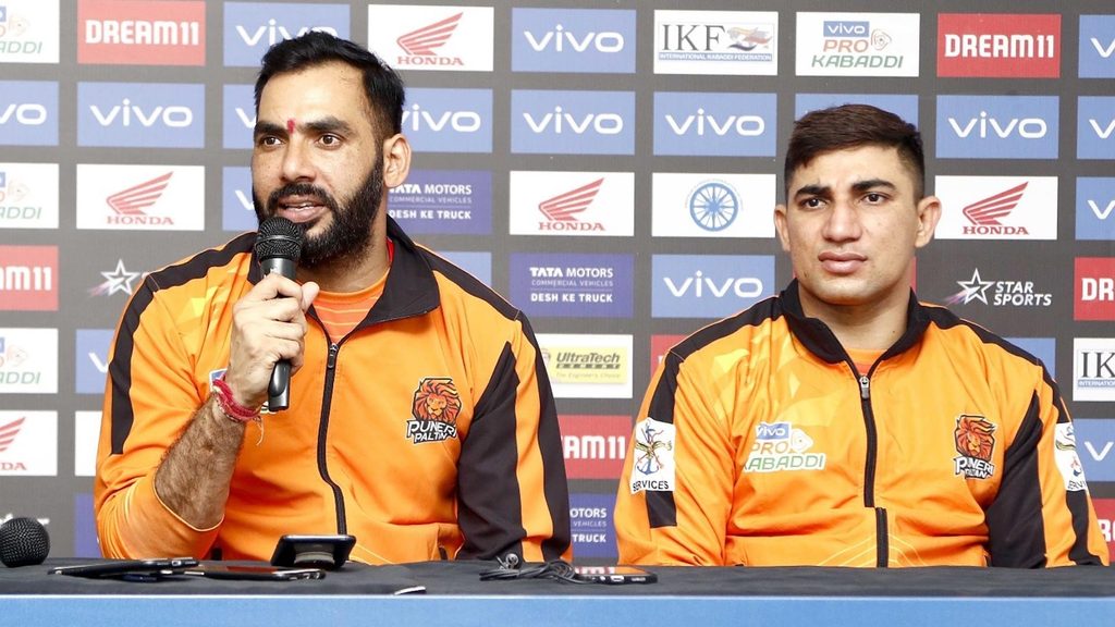 Puneri Paltan coach Anup Kumar and Nitin Tomar in the post-match press conference.