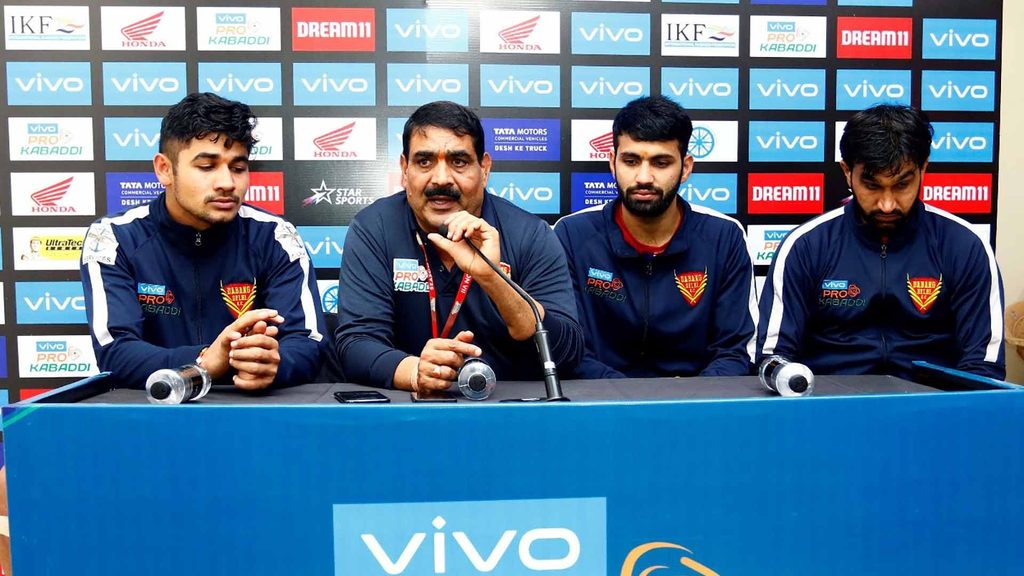 Dabang Delhi K.C.’s Naveen Kumar, coach Krishan Kumar Hooda, raider Vijay and captain Joginder Narwal at the post-match press conference