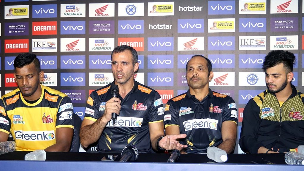 Siddharth Desai, coach Gholamreza Mazandarani, assistant coach Jagdish Kumble and Vishal Bhardwaj at the post-match press conference for Telugu Titans.