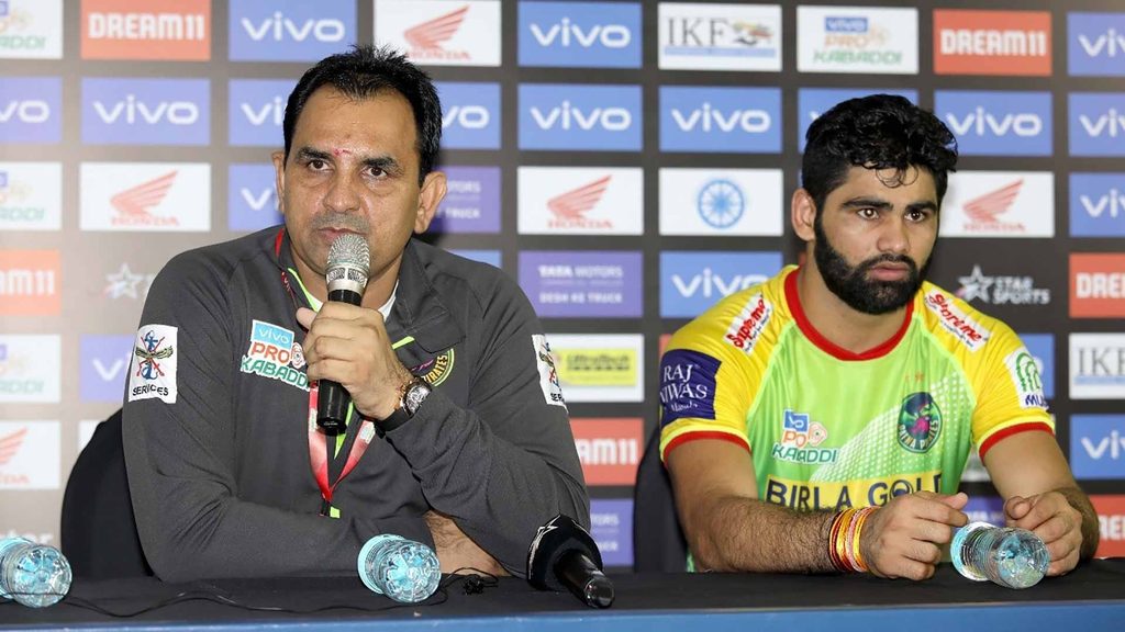 Patna Pirates coach Ram Mehar Singh and skipper Pardeep Narwal at the post-match press conference.