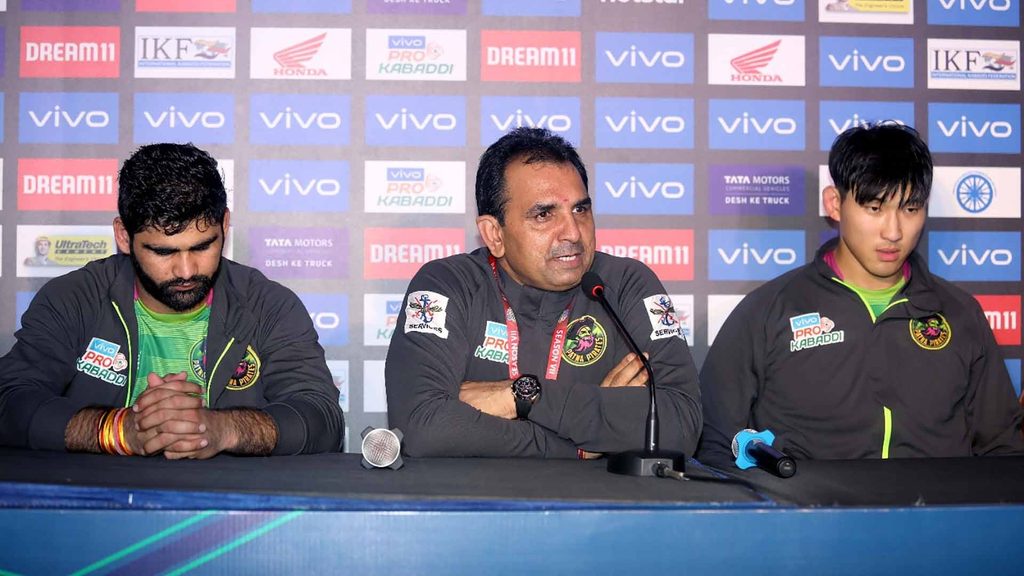 Patna Pirates skipper Pardeep Narwal, coach Ram Mehar Singh and raider Jang Kun Lee at the post-match press conference.