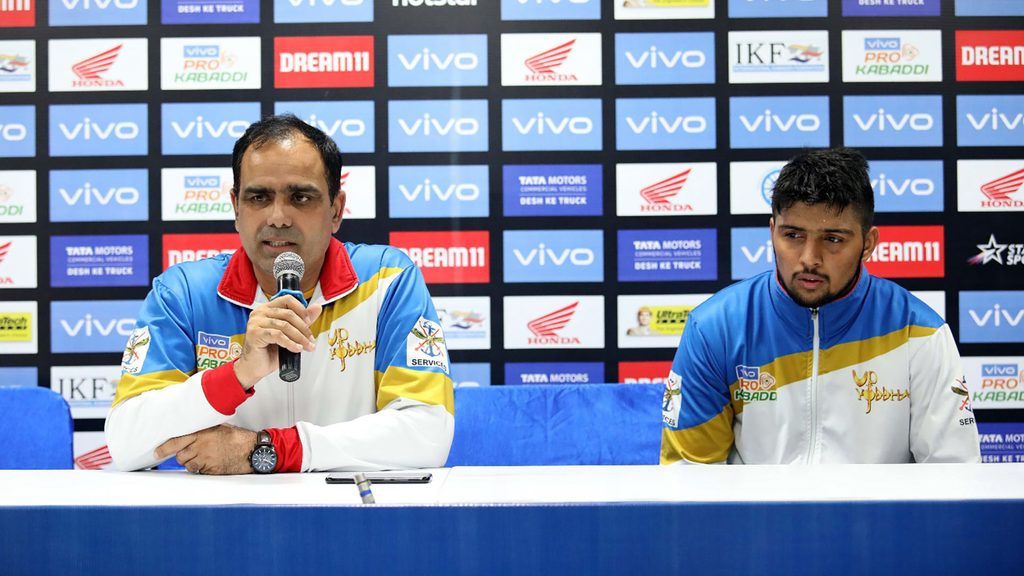 U.P. Yoddha coach Jasveer Singh and skipper Nitesh Kumar take questions from the media.